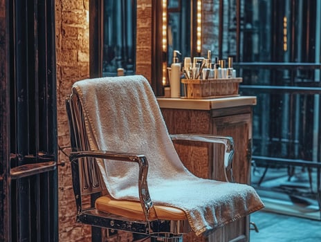 Microfiber towel draped on a salon chair for grooming activities photo