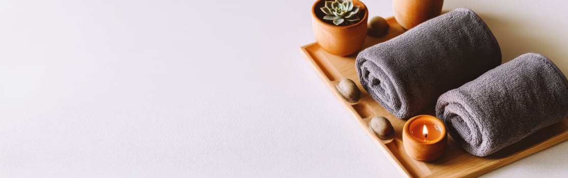 Soft microfiber towels arranged on a wooden tray with succulents photo