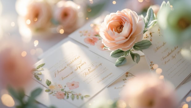 Elegant floral wedding invitations with peach roses on a soft background in a serene setting photo