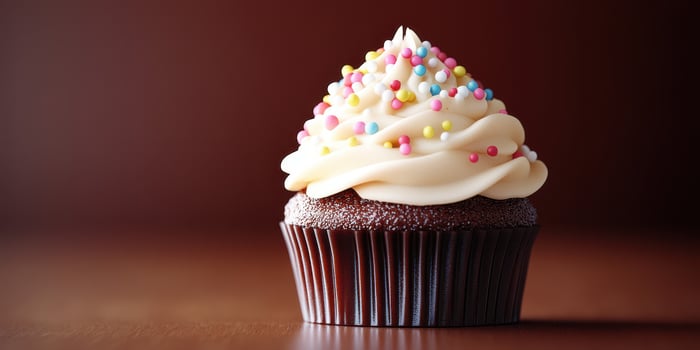 Delicious chocolate cupcake topped with creamy frosting and colorful sprinkles sitting on a wooden surface in a warm setting photo