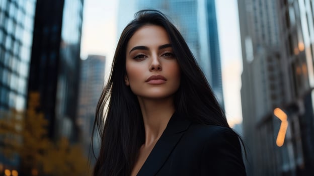 A woman in a black suit standing in front of tall buildings photo