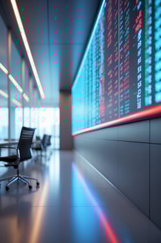 Trading floor with stock market data display in a modern office space during business hours photo