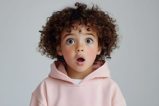A young child with curly hair wearing a pink hoodie photo