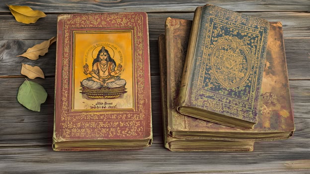 A collection of old religious books with intricate covers, one featuring a Hindu deity, symbolizing faith, spirituality, and cultural heritage. photo