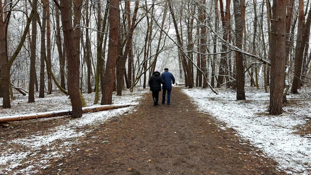 Mature couple going on snowy path at winter pine forest. Senior husband and wife walking through trail at coniferous woodland. Older pair of pensioners spending time together at nature photo