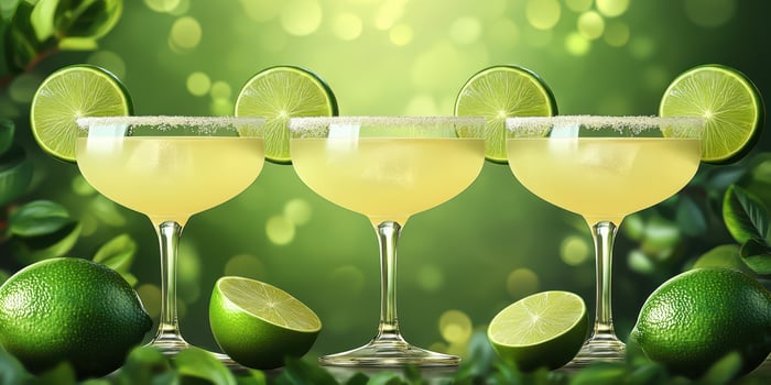Refreshing lime cocktails served in elegant glasses against a vibrant green background photo