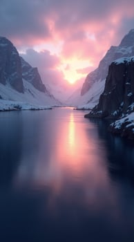 a beautiful sunset over a lake in the mountains photo
