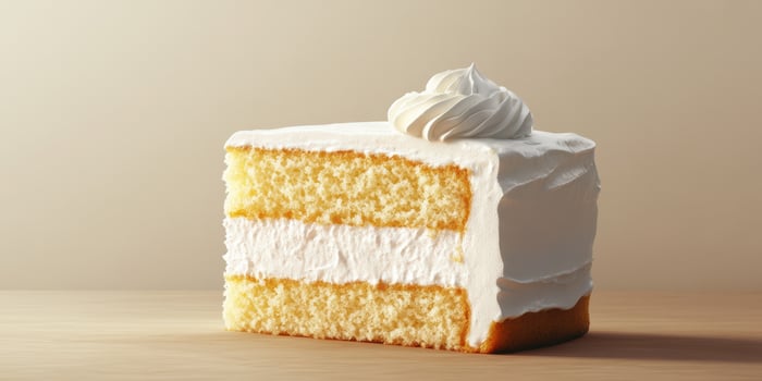 Moist vanilla cake slice topped with fluffy whipped cream on a wooden table photo
