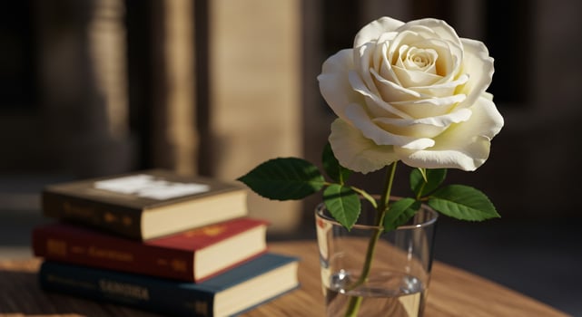 A white rose sitting in a glass on a table photo