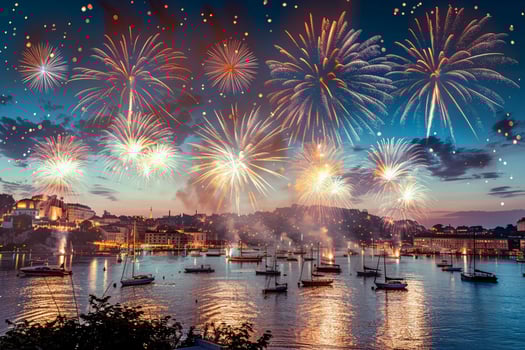 Festive fireworks over a city harbor with illuminated boats at dusk,celebrating a joyful and colorful event by the water photo