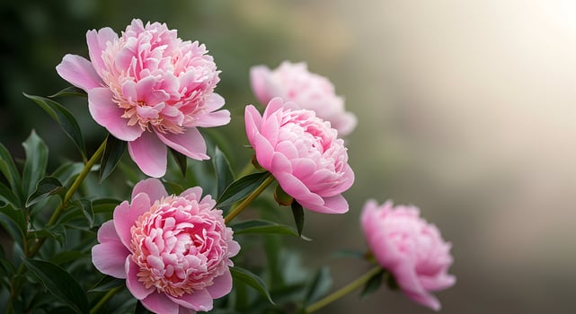 Blooming Pink Peony Flowers in Garden with Soft Natural Lighting photo