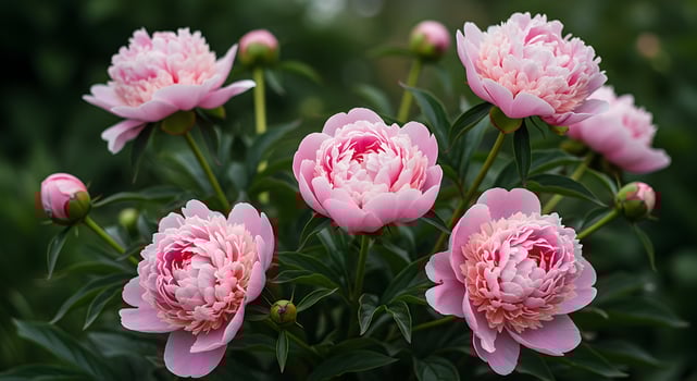 Blooming Pink Peony Flowers in Garden with Green Leaves Background photo