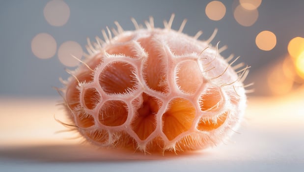 Close-up view of a unique sea creature showcasing intricate textures and patterns against a softly lit background photo
