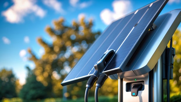 Solar charging station with clean energy technology in a park during daylight photo