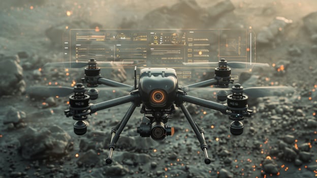 A drone hovers above a rugged landscape, showcasing its advanced capabilities through a transparent digital interface filled with real time data analytics and visual information. photo