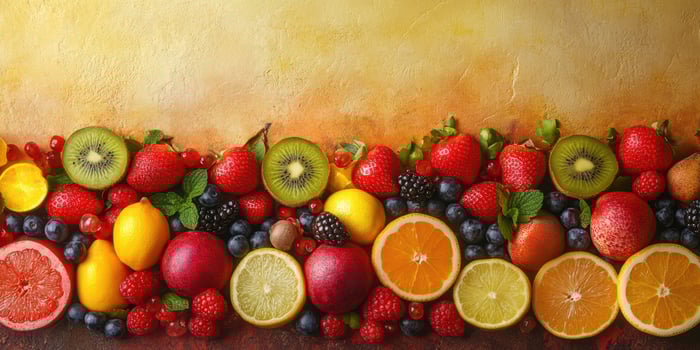 Colorful display of fresh fruits arranged beautifully on a textured surface photo