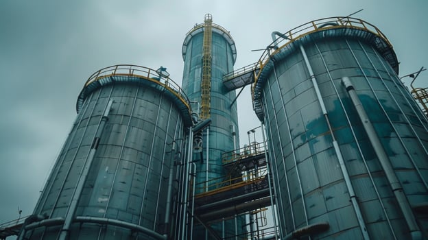 Tall silver silos and towers rise into a cloudy sky. Metal structures and piping showcase the industrial activity taking place in the urban landscape. photo