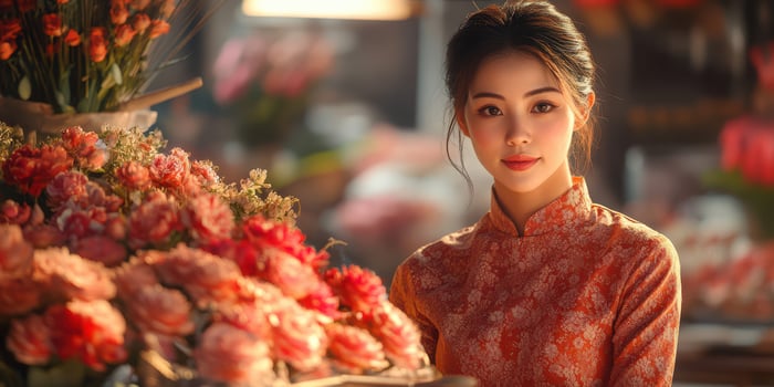 Young woman in traditional attire stands beside vibrant flower arrangements in a market during golden hour photo