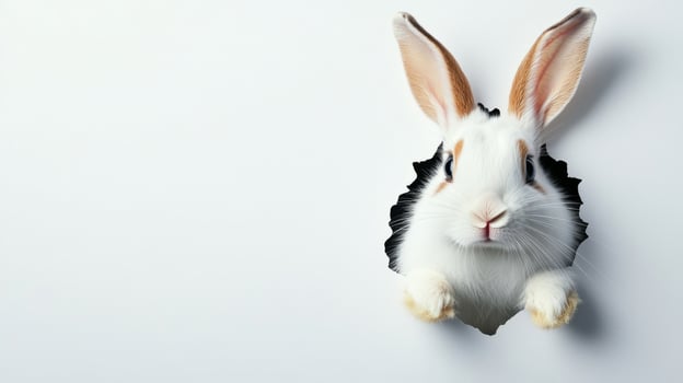 A cute bunny with black and white fur is peeking through a hole in a wall. Its large ears and bright eyes show curiosity, creating a playful connection to the Easter celebration. photo