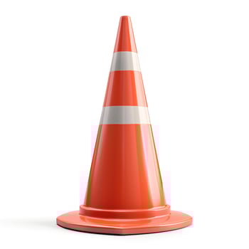 Bright orange traffic cone with reflective white stripes, designed for safety and traffic control. photo