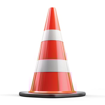 A bright orange traffic cone with reflective white stripes, set against a clean, white background. photo