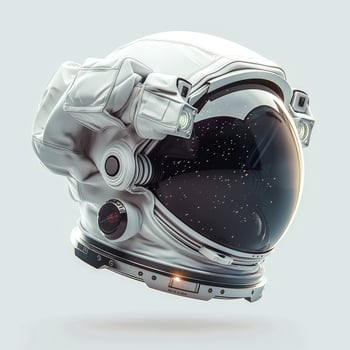 A futuristic white astronaut helmet floats against a soft background, showcasing advanced technology and a reflective visor. photo