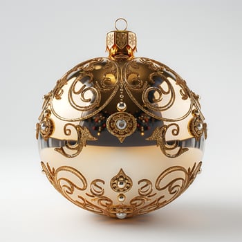 A beautiful, ornate golden Christmas ornament with intricate designs, reflecting soft light and Christmas colors. photo