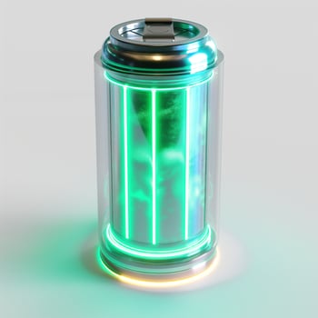 A futuristic battery design with a translucent exterior and glowing green elements. photo