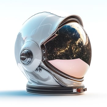 A futuristic silver astronaut helmet reflecting Earth from space, showcasing its intricate design and advanced technology. photo
