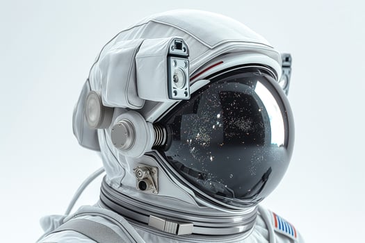 Close-up of an astronaut helmet reflecting a starry night, showcasing the vastness of space in a futuristic design. photo