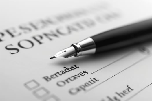 A close-up of a sleek fountain pen resting on a form, symbolizing documentation and professionalism. photo