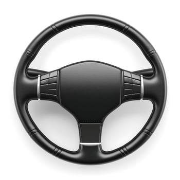 Close-up of a sleek black steering wheel against a white background, showcasing its modern design and ergonomic features. photo