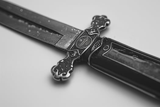 Close-up of an ornate, wet dagger with intricate details and a gleaming blade. photo
