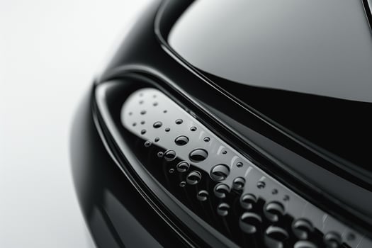Close-up of a sleek, modern black car surface adorned with water droplets, showcasing its smooth curves and high-gloss finish. photo