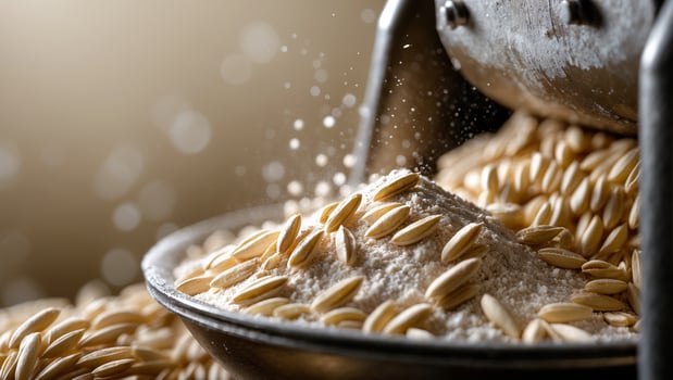 Oats being processed in a mill with flour and grain scattered in the background during bright daylight photo