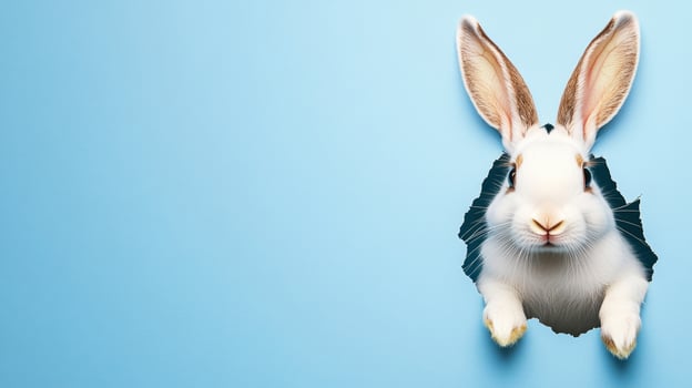 A lively Easter bunny breaks through a vibrant blue backdrop, showcasing its fluffy white fur and long ears. This whimsical moment captures the spirit of joy associated with Easter celebrations. photo