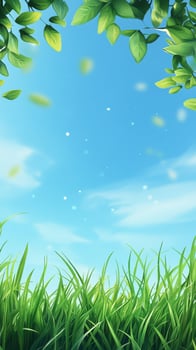 Bright and serene blue sky with vibrant green grass and leaves under a gentle breeze photo