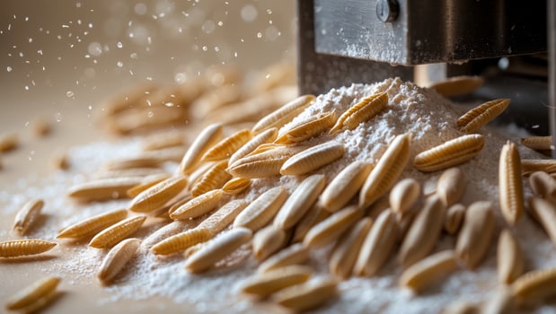 Flour and grains scattered around a grain mill during a productive milling process in a warm workshop photo