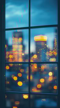 City skyline glowing with lights viewed through a window on a cloudy evening photo