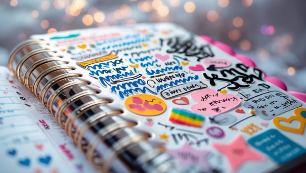 Colorful planner decorated with various stickers on a desk surrounded by soft lights in the evening photo