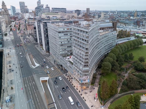 Modern architecture contrasting with historical buildings in liverpool city center photo