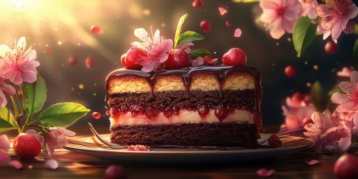 Chocolate cake adorned with cherries and blossoms in a sunlit setting photo