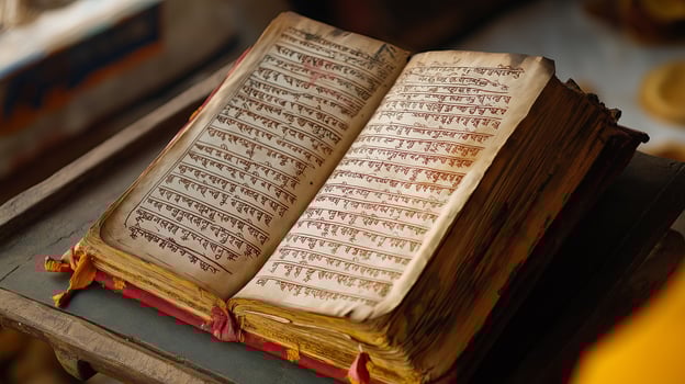 An ancient Hindu religious book with Sanskrit scriptures placed on a wooden table, representing wisdom, spirituality, and cultural heritage. photo