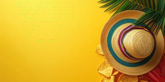 Bright summer party setting with a colorful straw hat and tortilla chips on a vibrant yellow background photo