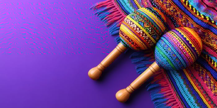 Colorful maracas resting on a vibrant woven textile at a lively cultural celebration photo
