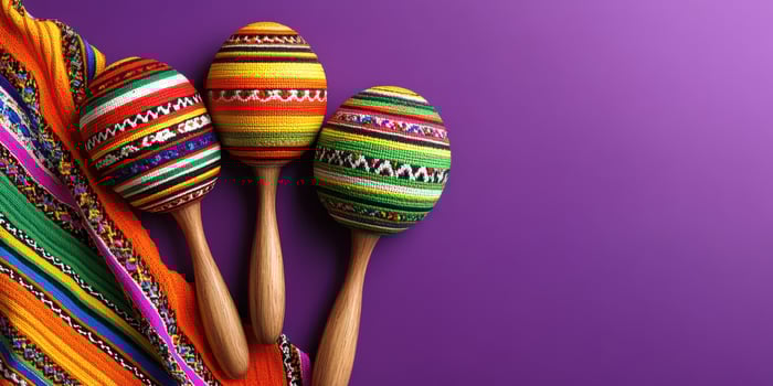 Colorful handmade maracas and traditional fabric displayed on a vibrant purple background during a cultural celebration photo