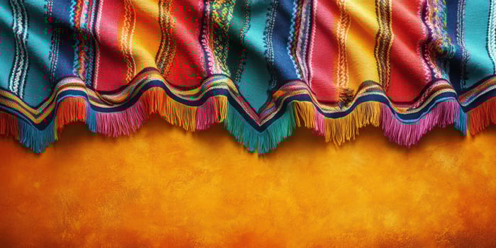 Colorful woven textile draped over a warm, textured surface in a vibrant setting showcasing intricate patterns photo