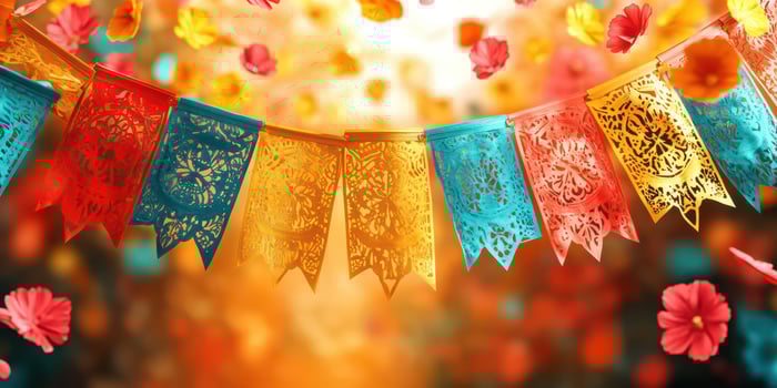 Colorful papel picado banners sway above vibrant flowers in a festive celebration during sunset photo