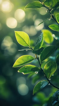 Sunlight filters through lush green leaves with water droplets in a serene forest setting during morning hours photo