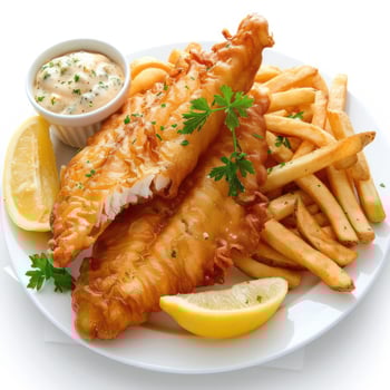 A plate of fish and chips with lemon wedges photo